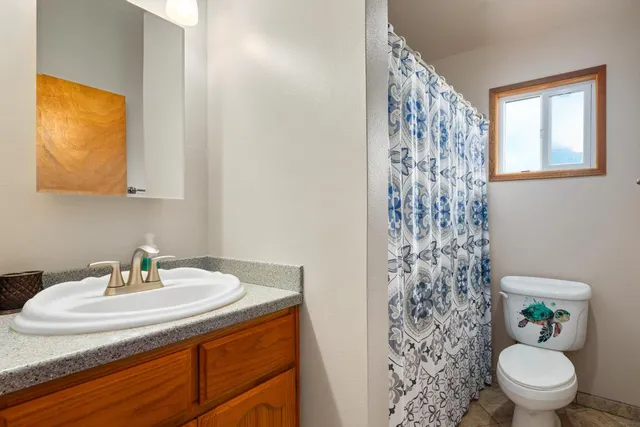a bathroom with a sink a toilet and shower curtain