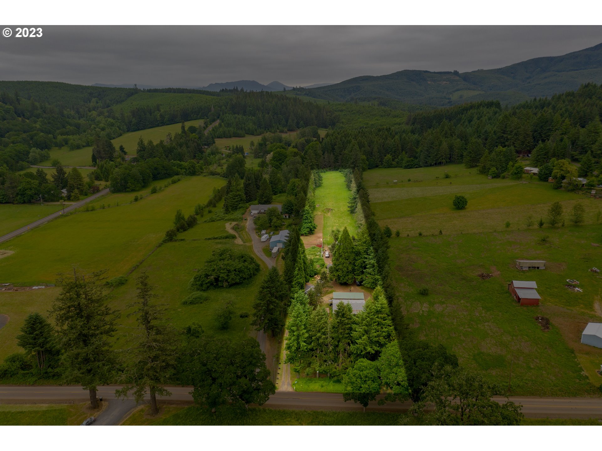 a view of a lush green hillside and houses