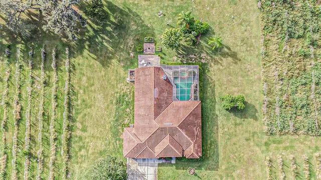 a aerial view of a house with a yard and plants