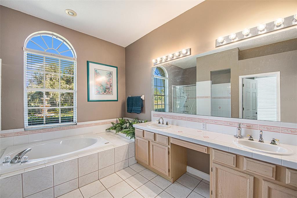331 Lewis Road Lithia, FL 33547 - Photo 22 of 87 a spacious bathroom with a double vanity sink a large mirror a bathtub and window