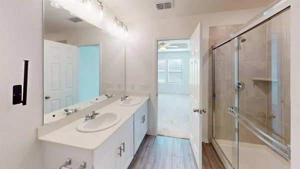 a bathroom with a sink a mirror a vanity and shower