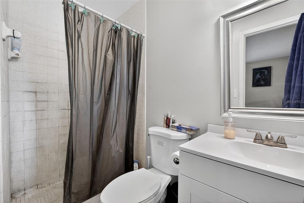 1644 Ruth Street Cocoa, FL 32926 - Photo 19 of 38 a bathroom with a sink a toilet a mirror and shower curtain