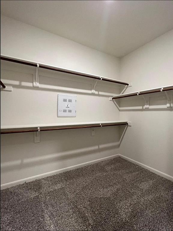 2013 Emma Court Anna, TX 75409 - Photo 14 of 20 Spacious closet with light neutral wall paint, white trim, wood-finish shelving, and gray speckled carpet