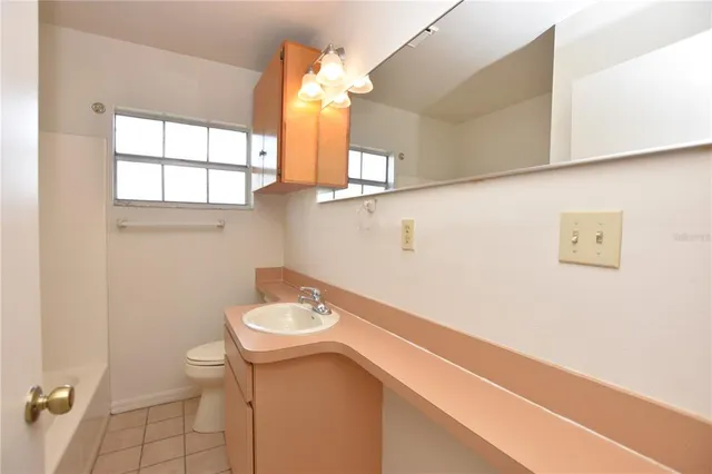 a bathroom with a sink vanity and a toilet