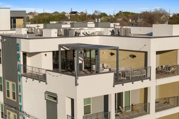 a view of a large building with a terrace view