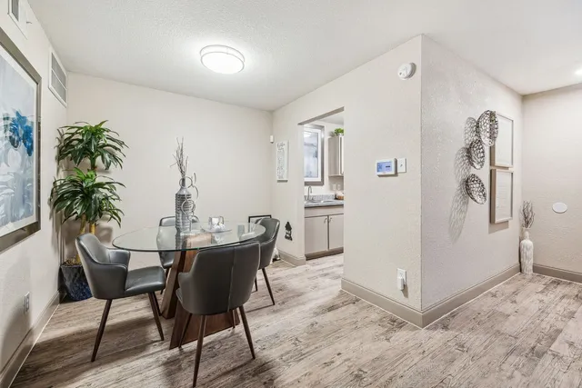 a view of a dining room with furniture