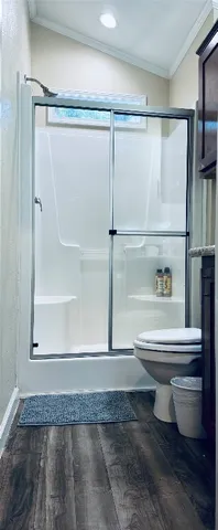 a bathroom with a shower and a toilet