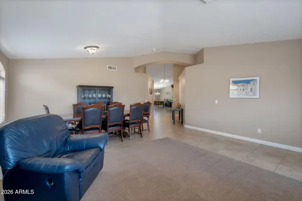 a view of a dining room with furniture