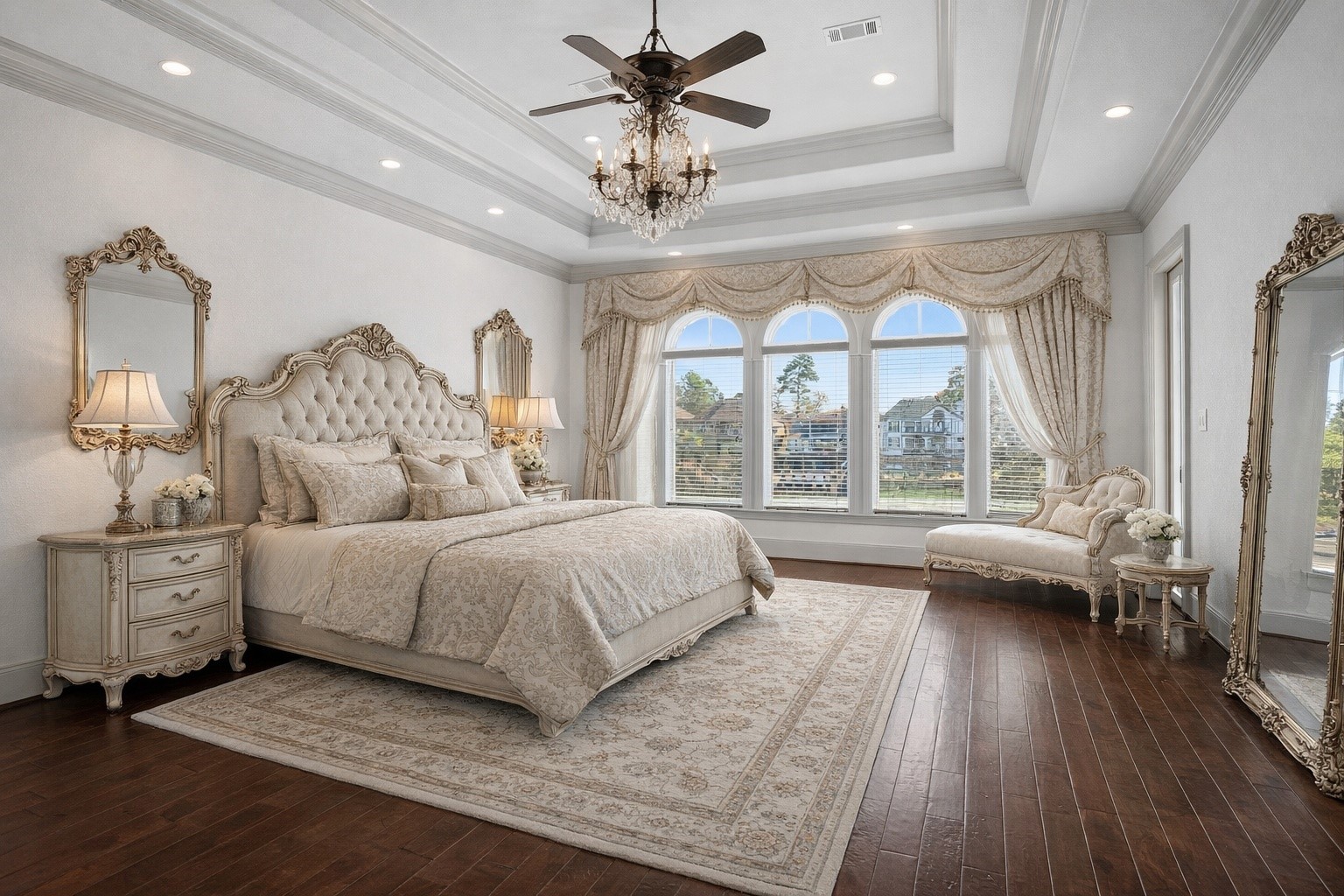12349 Tramonto Conroe, TX 77304 - Photo 19 of 50 Virtually staged primary bedroom. Large windows offer plenty of natural light, while a chandelier and ceiling fan add sophistication.