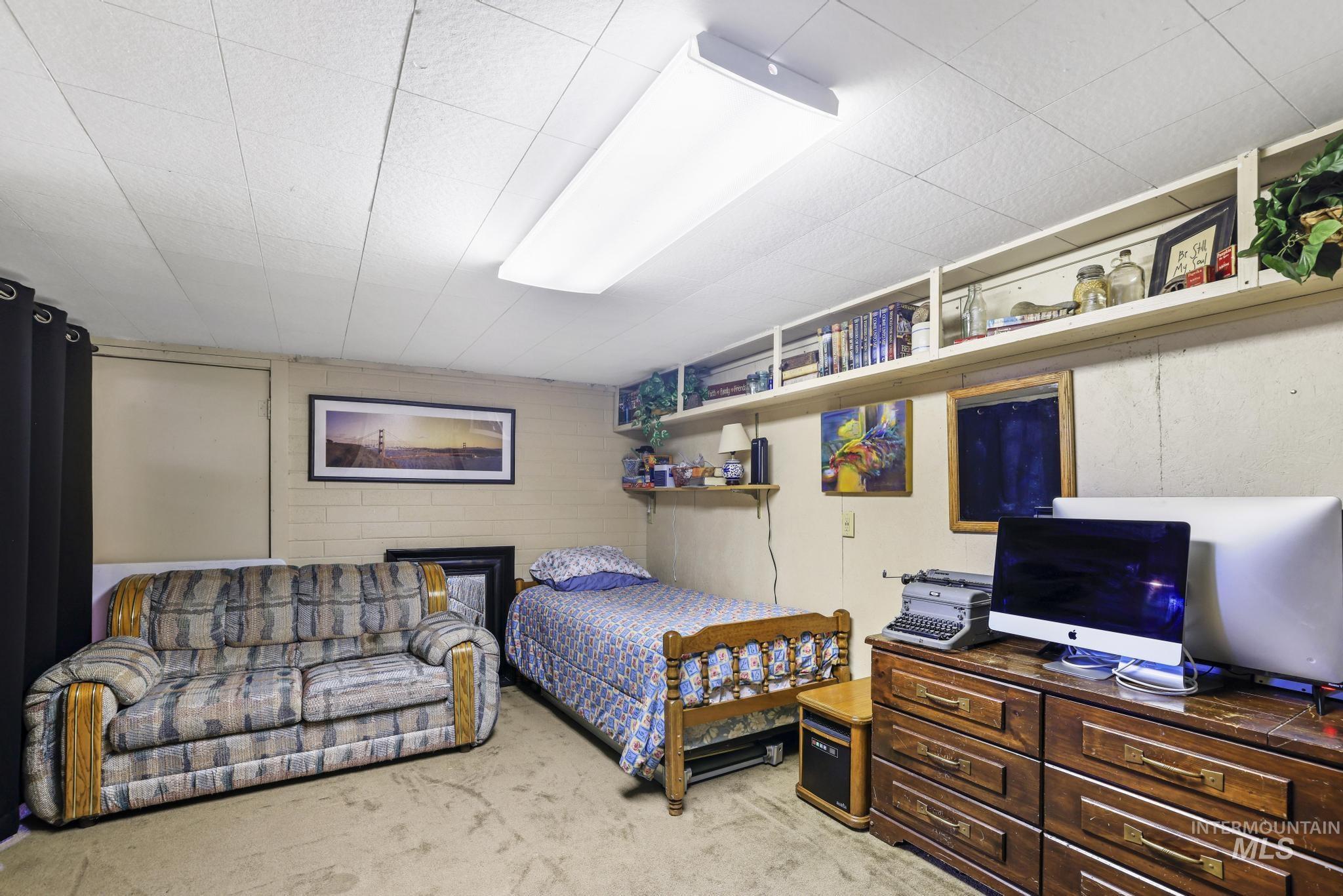 19591 Queen Crown Road Carey, ID 83320 - Photo 18 of 37 Room featuring carpet flooring, drop ceiling with fluorescent lighting, and built-in shelving