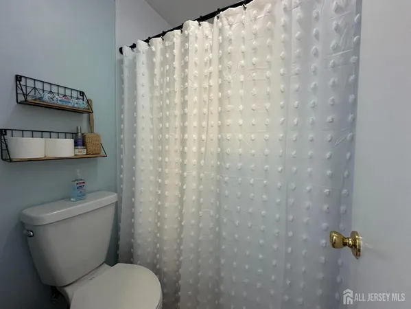 a white toilet sitting next to a shower curtain