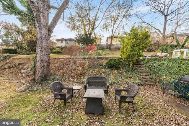a backyard of a house with table and chairs
