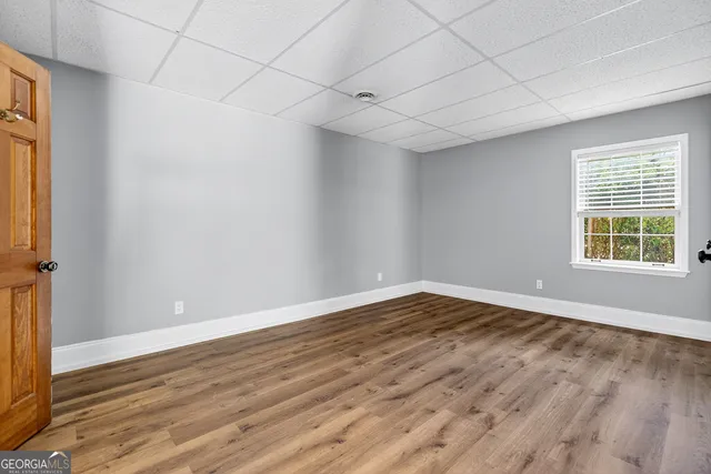 a garden view with a seating space