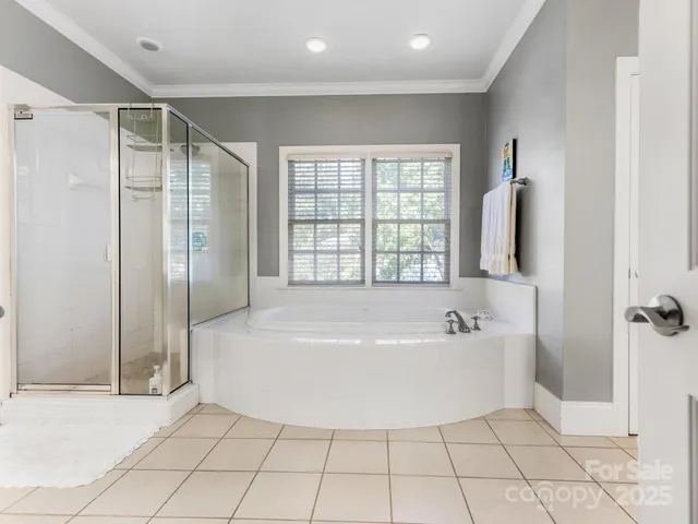 a bathroom with a bathtub and a shower
