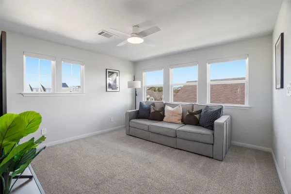 a living room with furniture and a potted plant