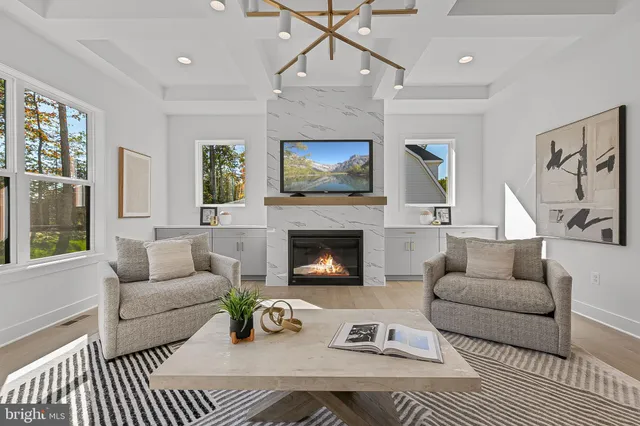 a living room with furniture a fireplace and a floor to ceiling window