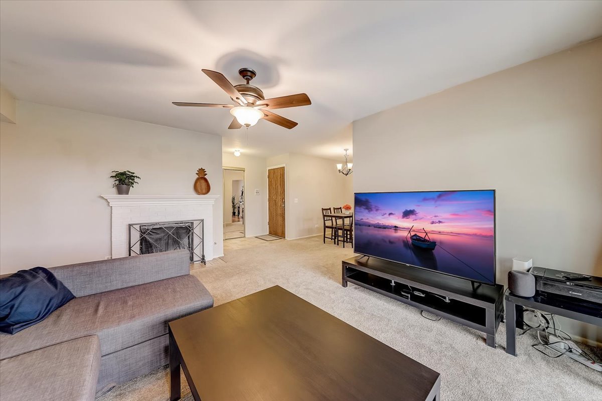 1110 Scanlon Drive, Unit D1 Wheeling, IL 60090 - Photo 4 of 23 a living room with furniture a flat screen tv and a fireplace