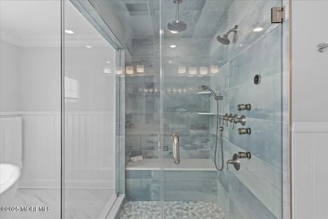 a bathroom with a shower and toilet