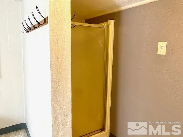 a blue and white kitchen with a table