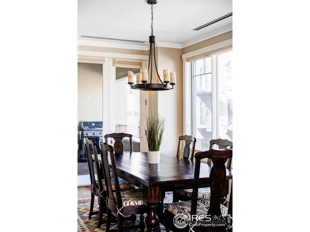 a view of a dining room with furniture and window