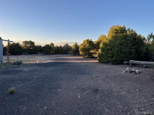 a view of a field with trees in the background