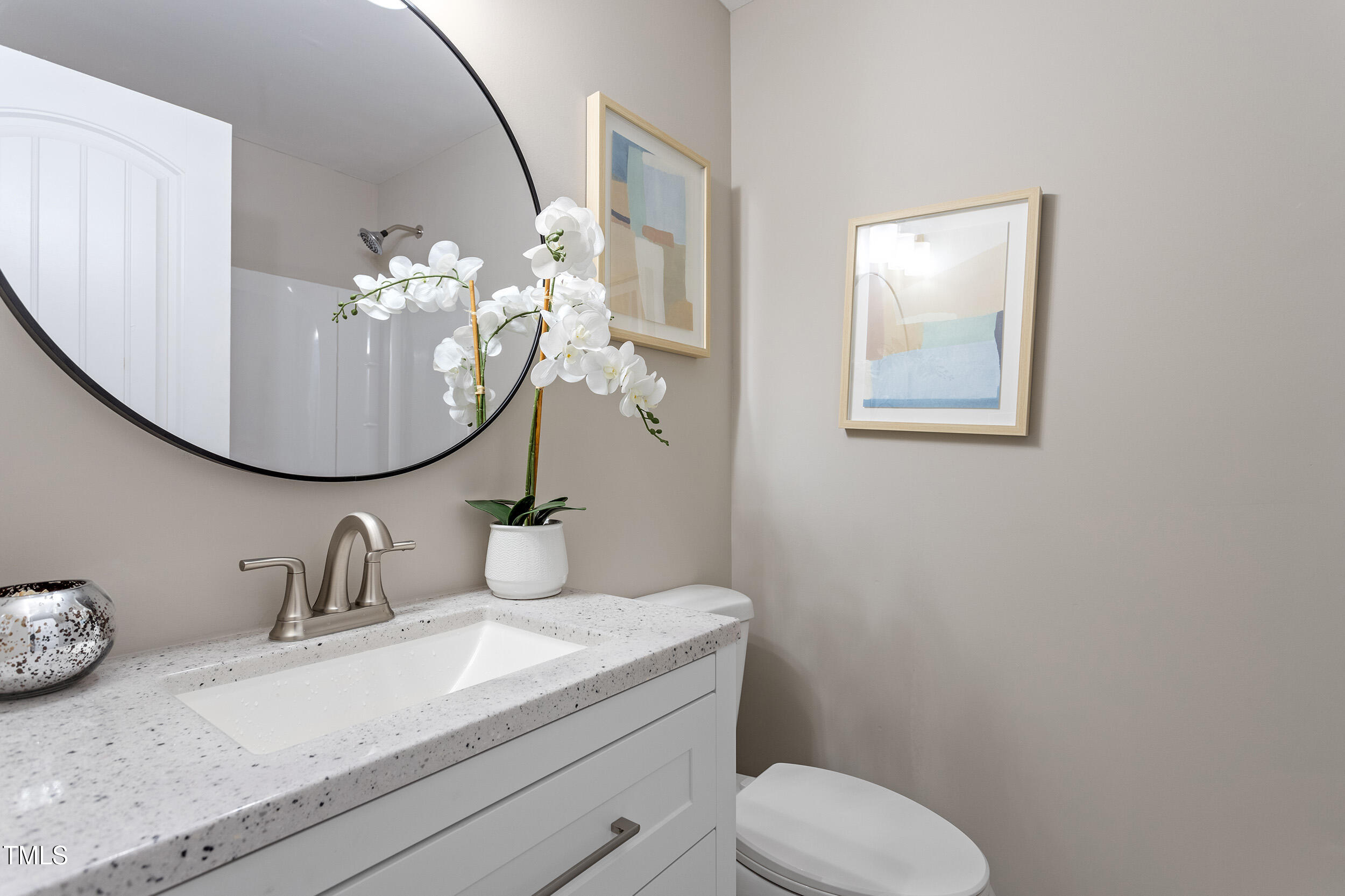 3325 Old Buffalo Road Raleigh, NC 27604 - Photo 20 of 26 a bathroom with a granite countertop sink a toilet and mirror