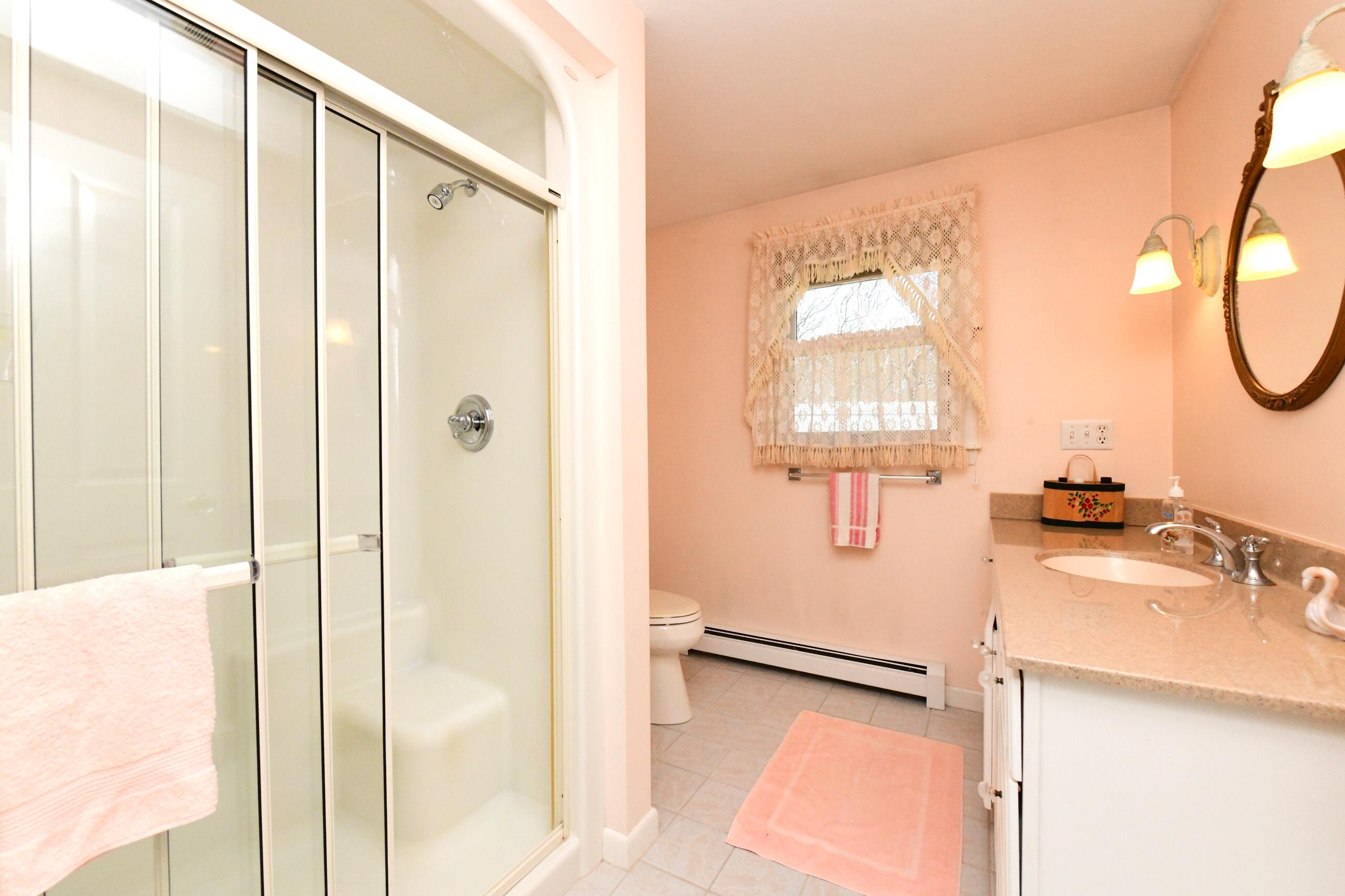 25 Andrew Road Sagamore Beach, MA 02562 - Photo 21 of 45 a bathroom with a sink a mirror and a shower