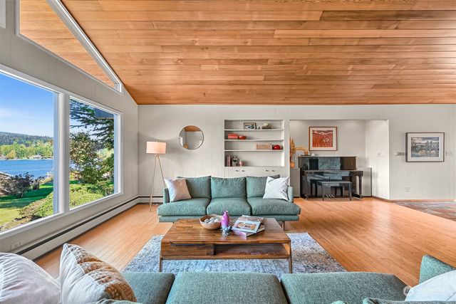 a living room with furniture and a floor to ceiling window