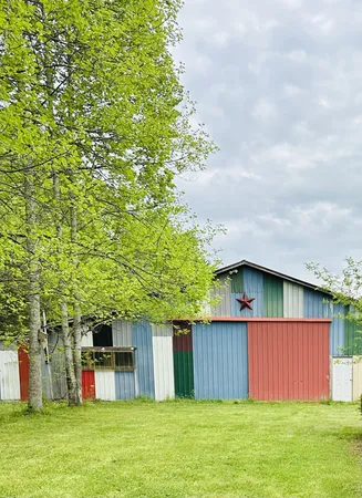 a view of a backyard with a small cabin