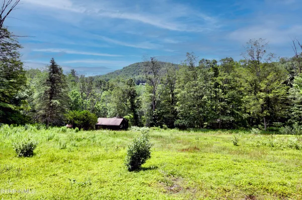 a view of a garden with a building in the background