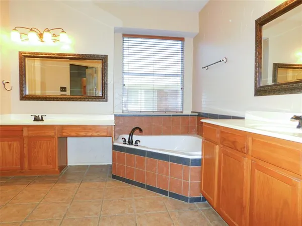 a bathroom with a tub a sink and a mirror