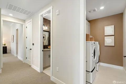 a view of a hallway with painted walls