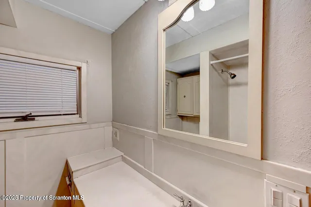 a bathroom with a sink a mirror and a shower