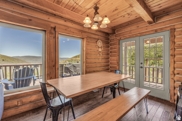 2348 North Miles Holw Road, Unit 26 Kamas, UT 84036 - Photo 9 of 31 Dining room with wood-type flooring, a wood ceiling with exposed beams, french doors, suspended lighting, and log walls