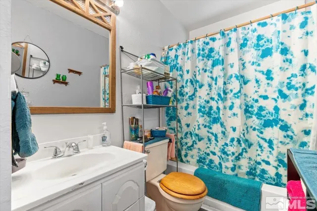 a bathroom with a sink toilet and shower curtain