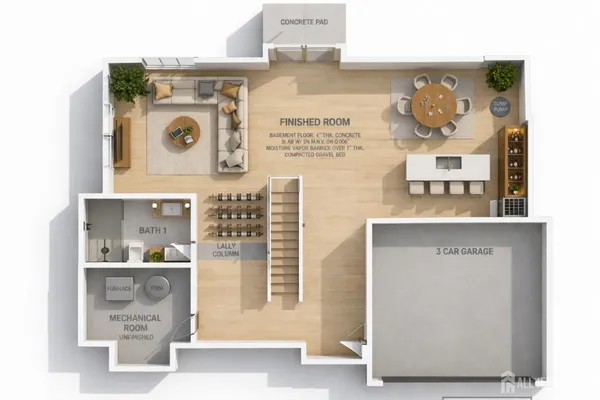 a living room with furniture a flat screen tv and kitchen view