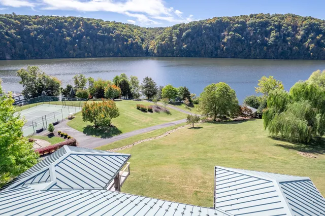 an aerial view of a house with a yard and potted plants