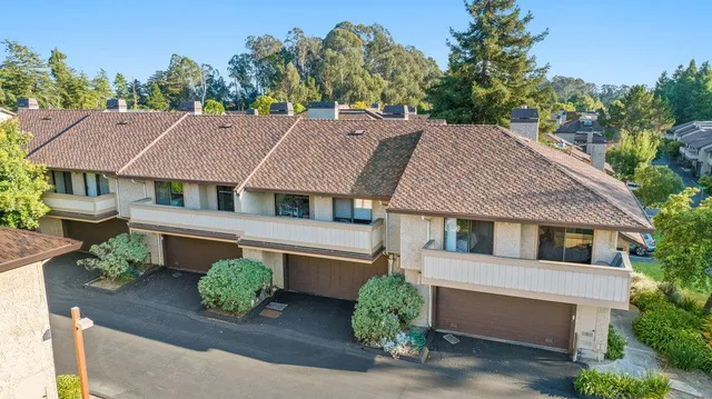a aerial view of a house with a yard and potted plants