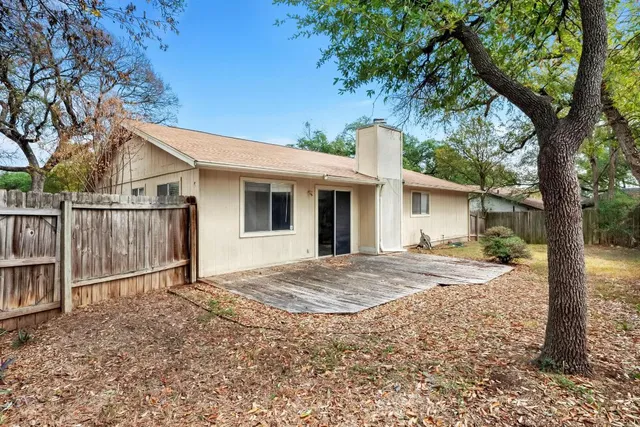 a view of a backyard with a tree