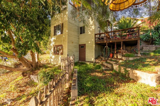 a view of a yard with plants and large trees