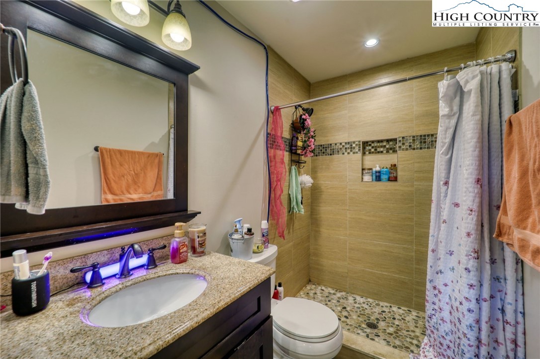 128 Zeb Street, Unit A304 Boone, NC 28607 - Photo 19 of 27 a bathroom with a granite countertop sink toilet and shower