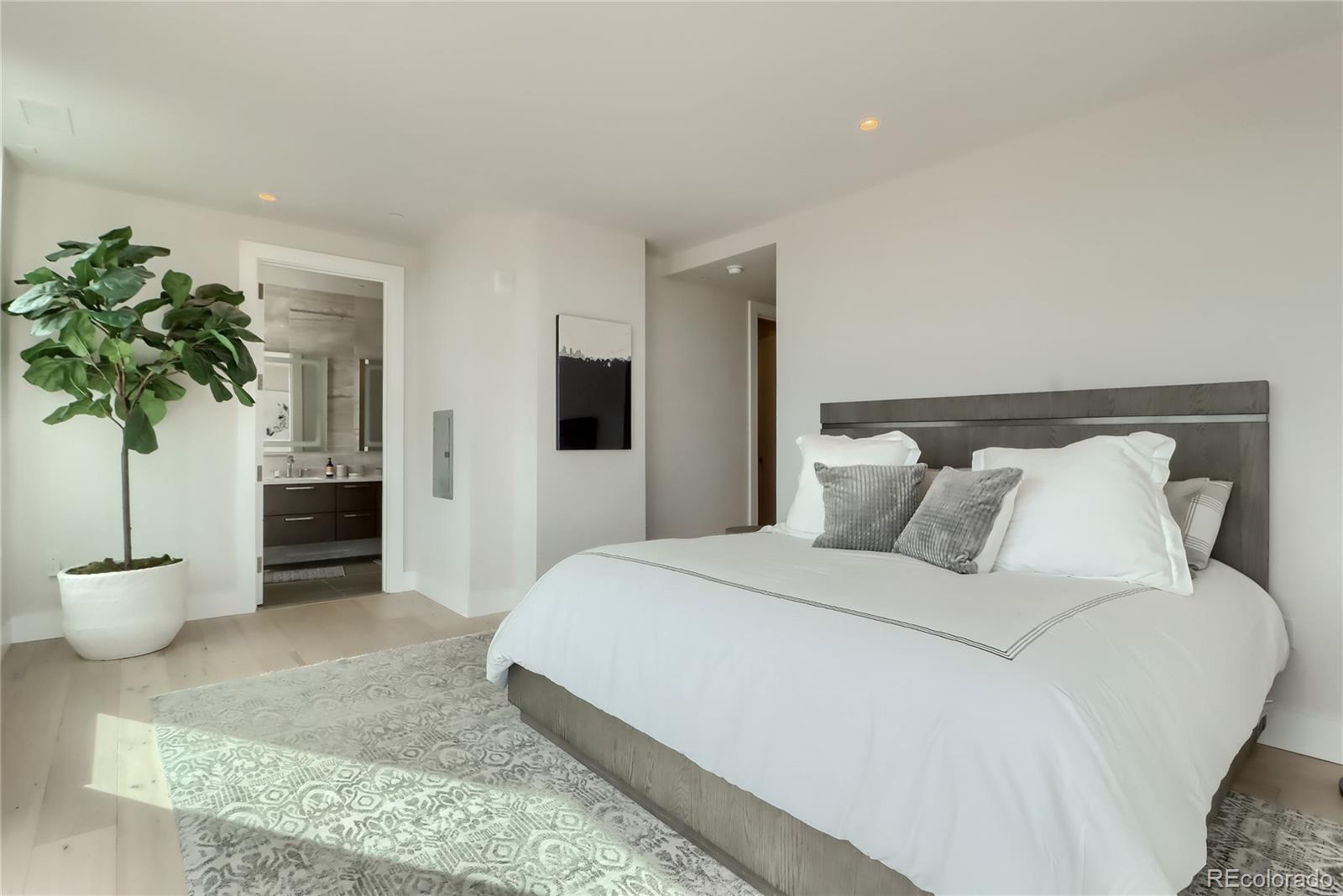 155 Steele Street, Unit 814 Denver, CO 80206 - Photo 15 of 39 a spacious bedroom with a bed and a potted plant