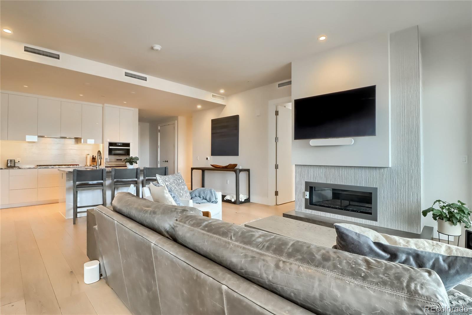 155 Steele Street, Unit 814 Denver, CO 80206 - Photo 7 of 39 a living room with fireplace furniture and a flat screen tv
