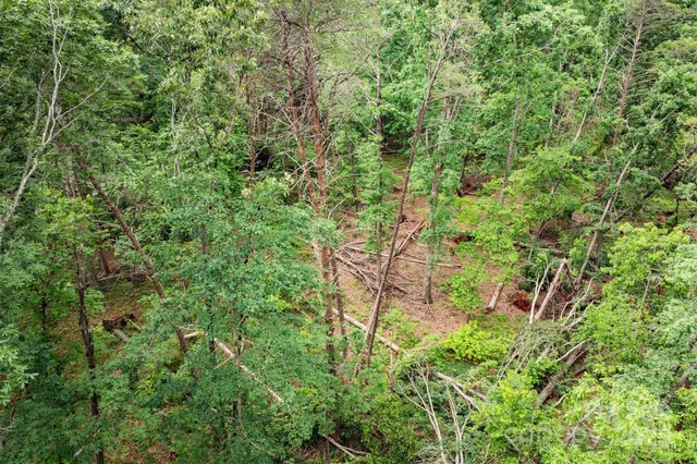an aerial view of a residential houses with outdoor space and trees all around