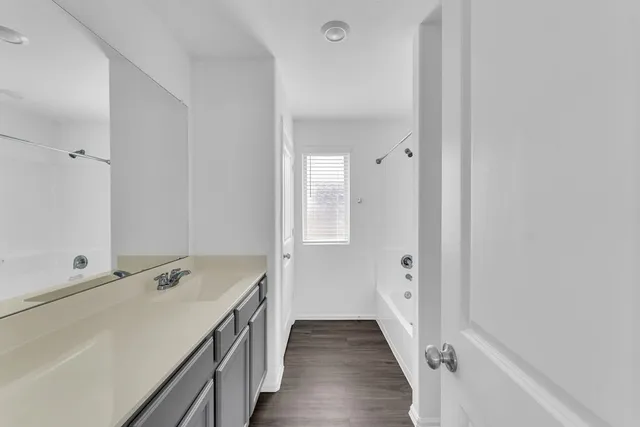 a bathroom with a sink a mirror and a shower