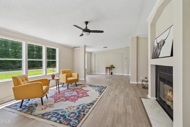 a living room with furniture and a fireplace