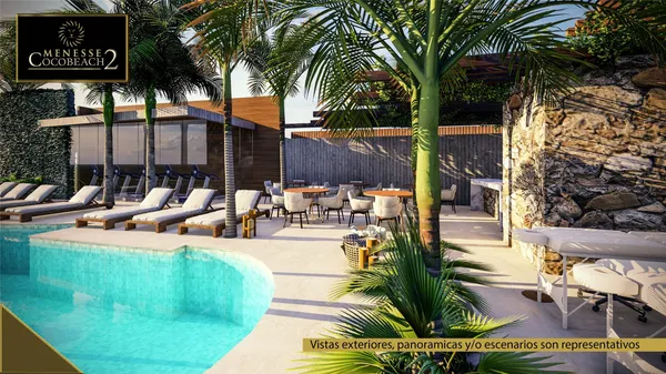 front view of a house with swimming pool and sitting area