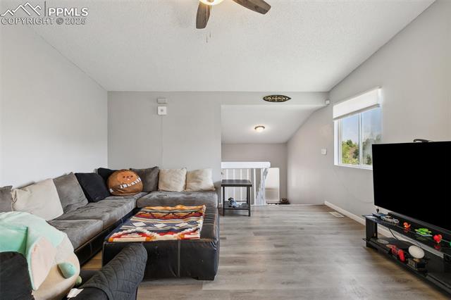 609 Wheat Field Road Fountain, CO 80817 - Photo 7 of 29 Living area featuring wood finished floors, ceiling fan, a textured ceiling, and lofted ceiling