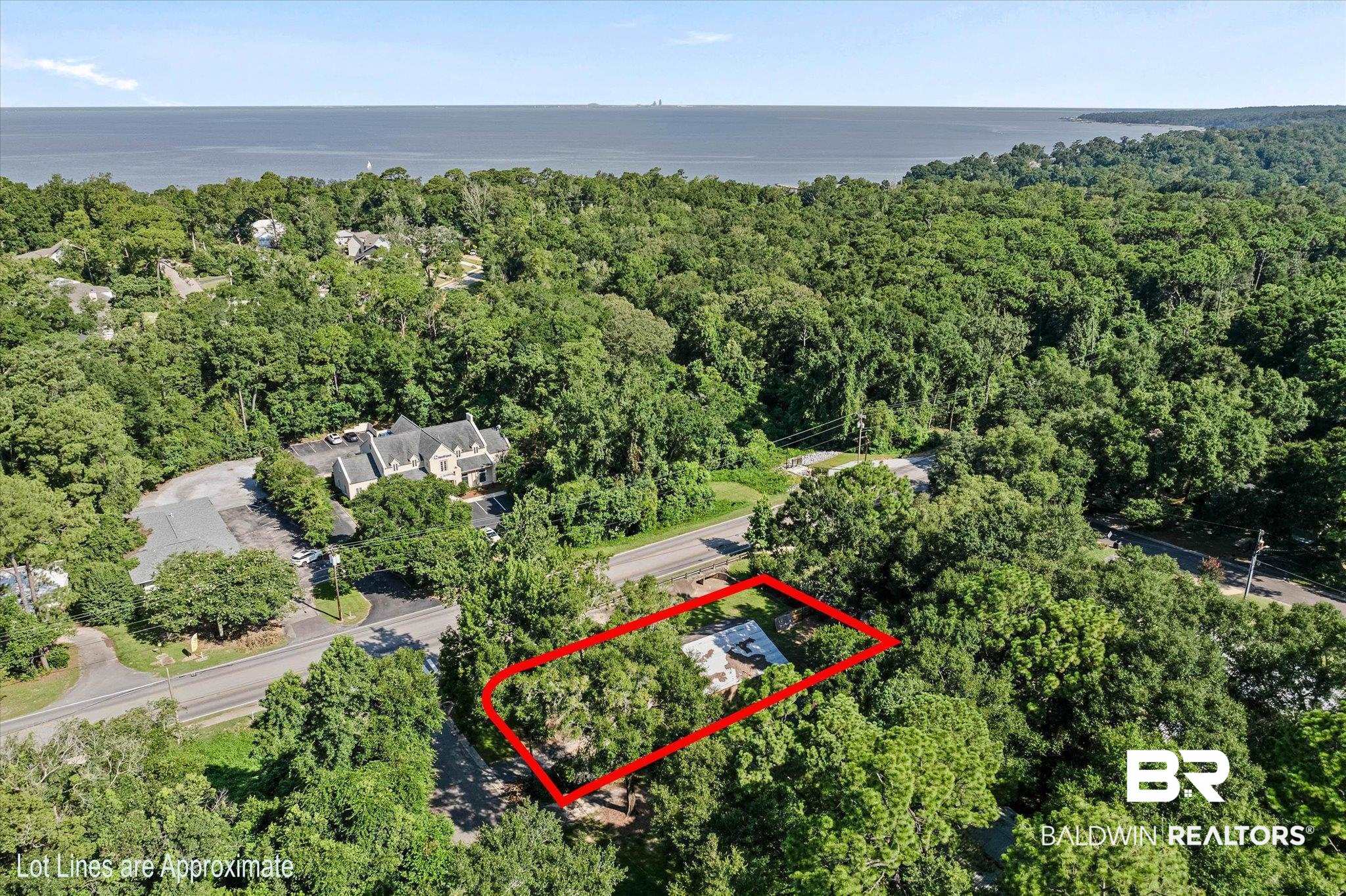 401 Frederick Avenue Fairhope, AL 36532 - Photo 28 of 36 Aerial view highlighting a property surrounded by mature trees, bordering a paved roadway