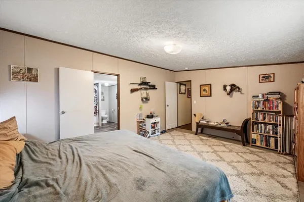 a bedroom with a bed and a large dresser